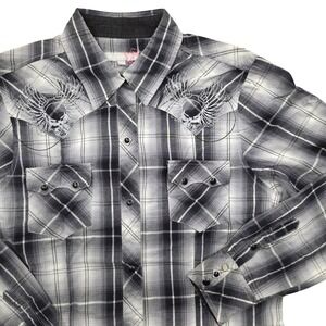 Tin Haul Western Skull Embroider Black Plaid Long Sleeve Snap Shirt Mens Large